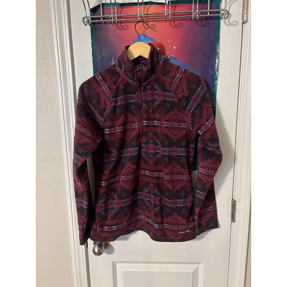 Eddie Bauer Womens Fleece Pullover 1/4 Zip Geometric aztec Maroon Blue Medium